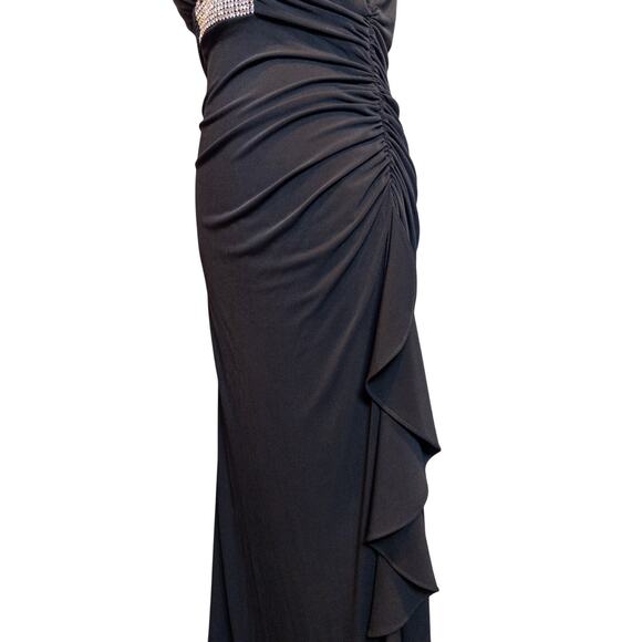 Vintage Y2K Betsy & Adam Rhinestone Ruffle Ruched Black Maxi Dress 12P - Picture 5 of 9